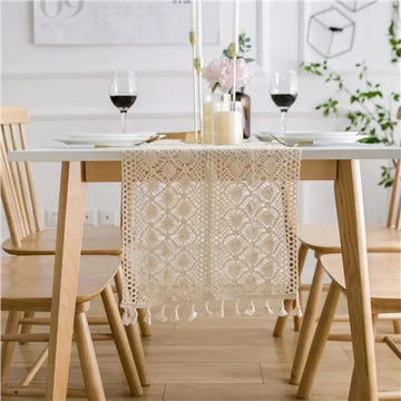 Qfdian Cream Macrame Boho Table Runner with Tufted Tassels Crochet Wedding Lace Vintage Farmhouse Dining Room Bridal Shower Decorations